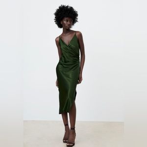 Zara forest green silk slip dress - draped lingerie style dress